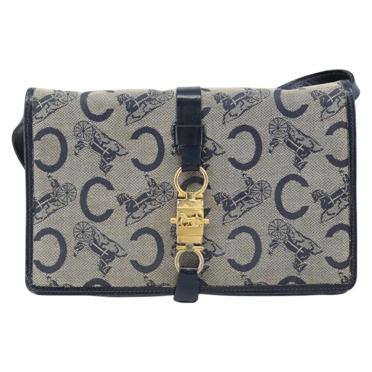 CELINE C Macadam Canvas Shoulder Bag Navy Gold Auth bs33582