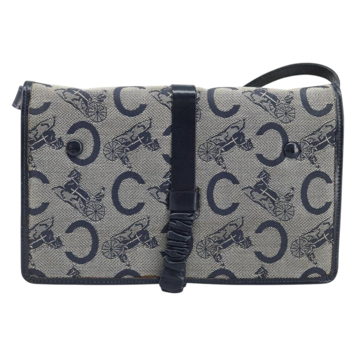 CELINE C Macadam Canvas Shoulder Bag Navy Gold Auth bs33582