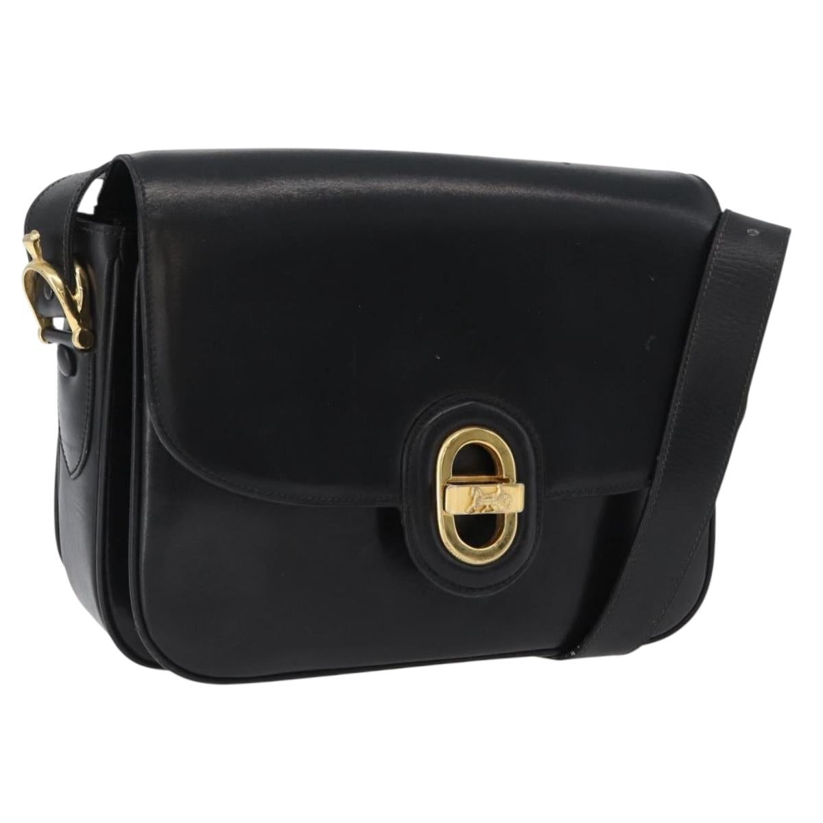 CELINE Horse Carriage Shoulder Bag Leather Black Gold Auth bs33584