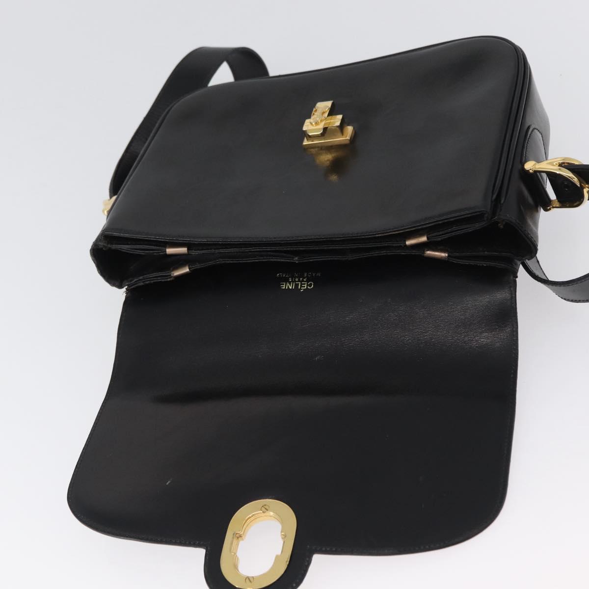 CELINE Horse Carriage Shoulder Bag Leather Black Gold Auth bs33584