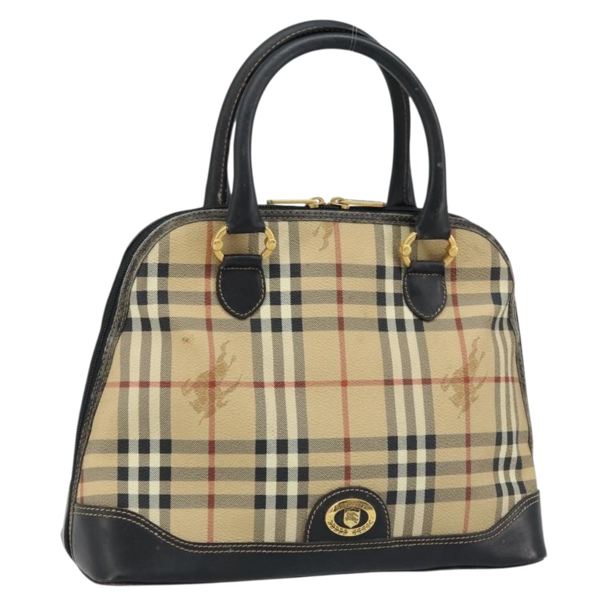 Burberrys Nova Check Hand Bag PVC Beige Gold Auth bs33587