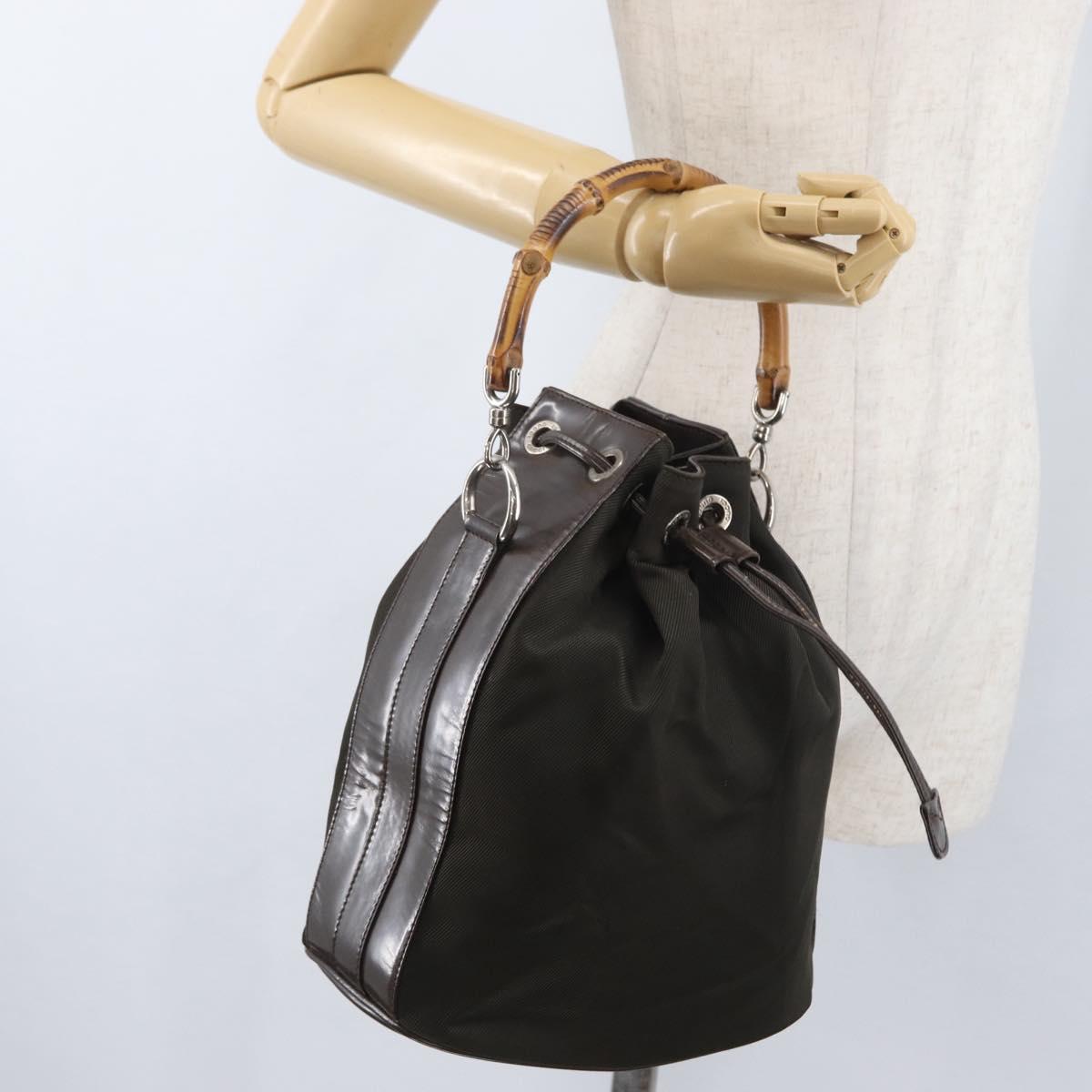 GUCCI Bamboo Hand Bag Nylon Khaki Silver 001 3754 1657 Auth bs33590