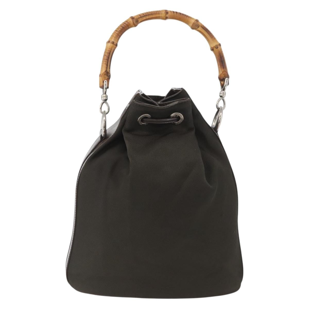 GUCCI Bamboo Hand Bag Nylon Khaki Silver 001 3754 1657 Auth bs33590
