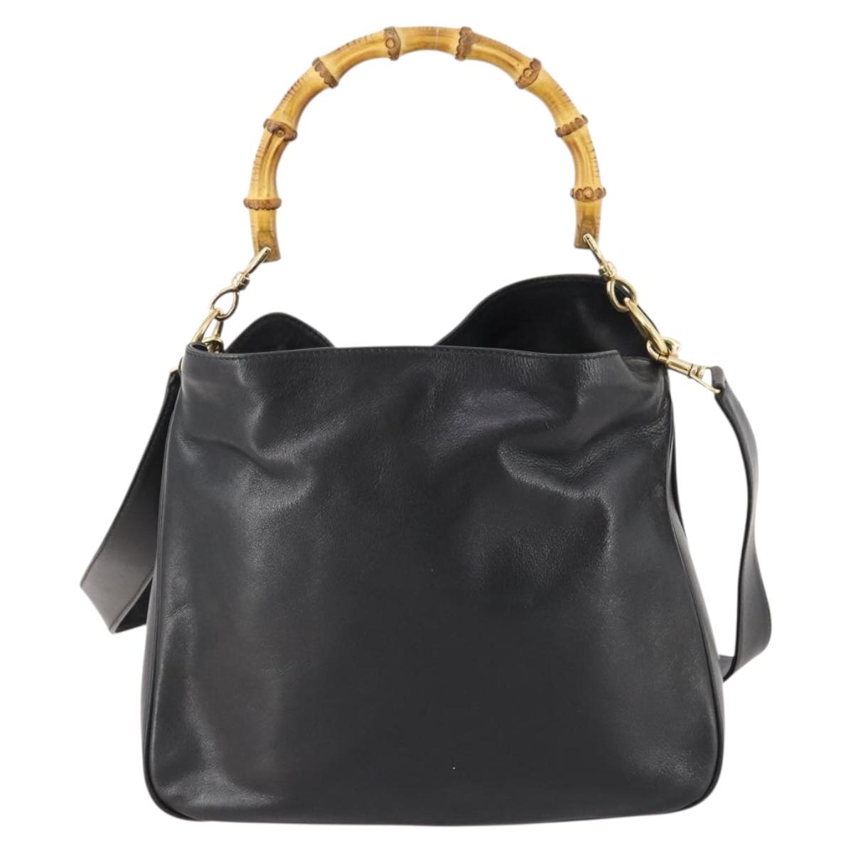 GUCCI Bamboo Hand Bag Leather 2way Black Gold 001 1705 1638 Auth bs33593