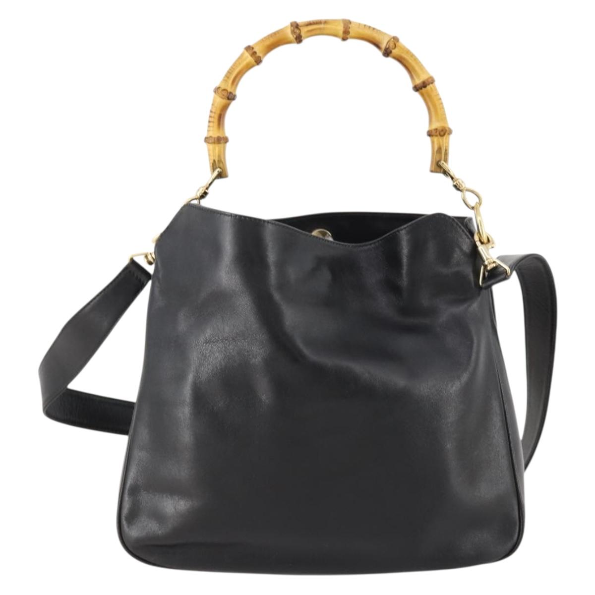GUCCI Bamboo Hand Bag Leather 2way Black Gold 001 1705 1638 Auth bs33593