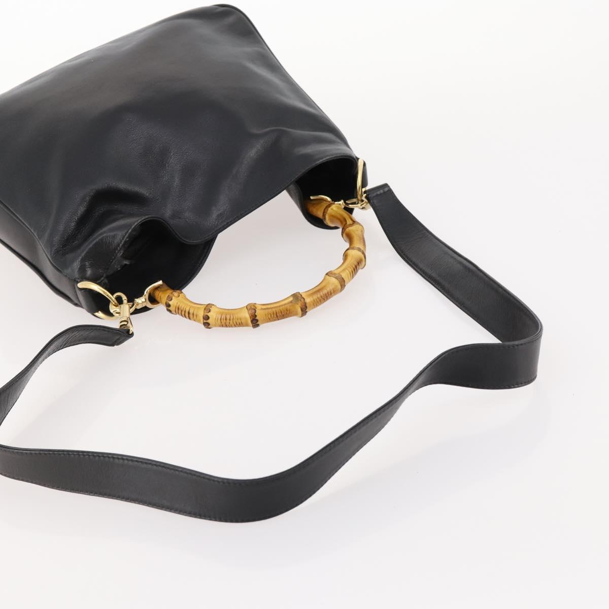 GUCCI Bamboo Hand Bag Leather 2way Black Gold 001 1705 1638 Auth bs33593