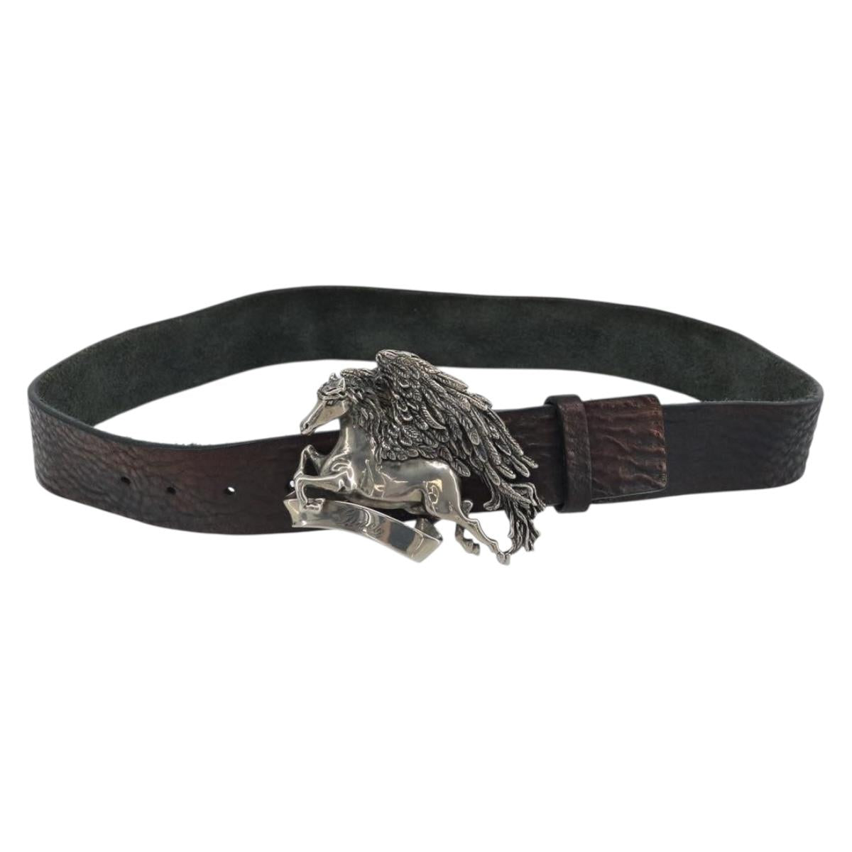 GUCCI Belt Leather 42.5"" Brown Silver 256262 Auth bs33597