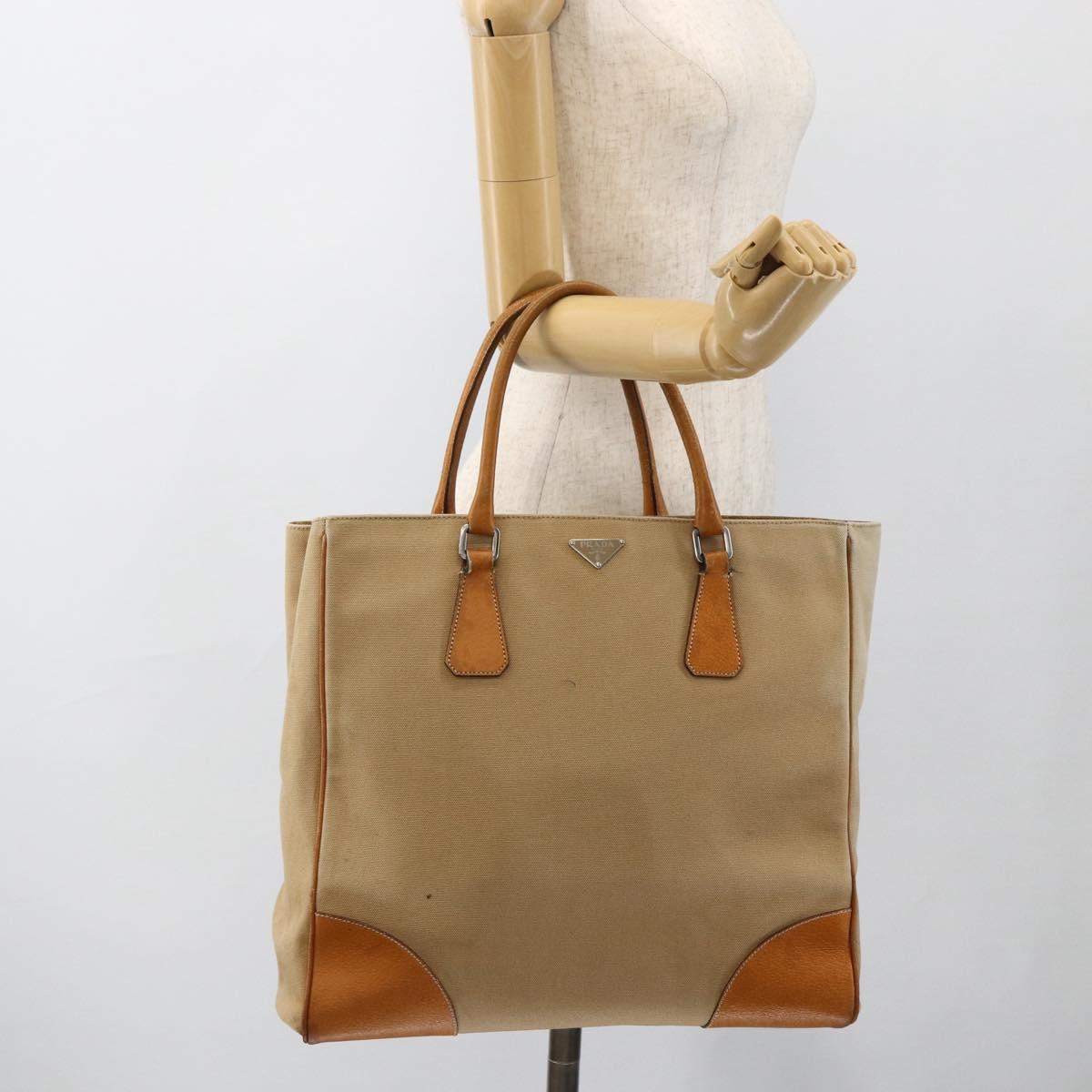 PRADA Hand Bag Canvas Beige Silver Auth bs33611