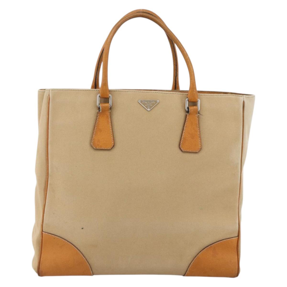 PRADA Hand Bag Canvas Beige Silver Auth bs33611