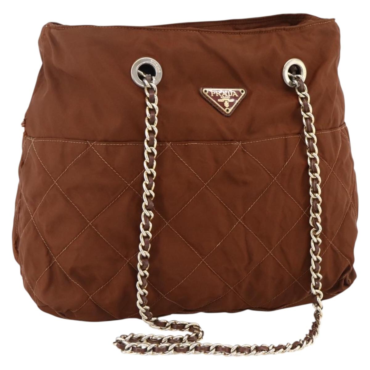 PRADA Chain Shoulder Bag Nylon Brown Gold Auth bs33615