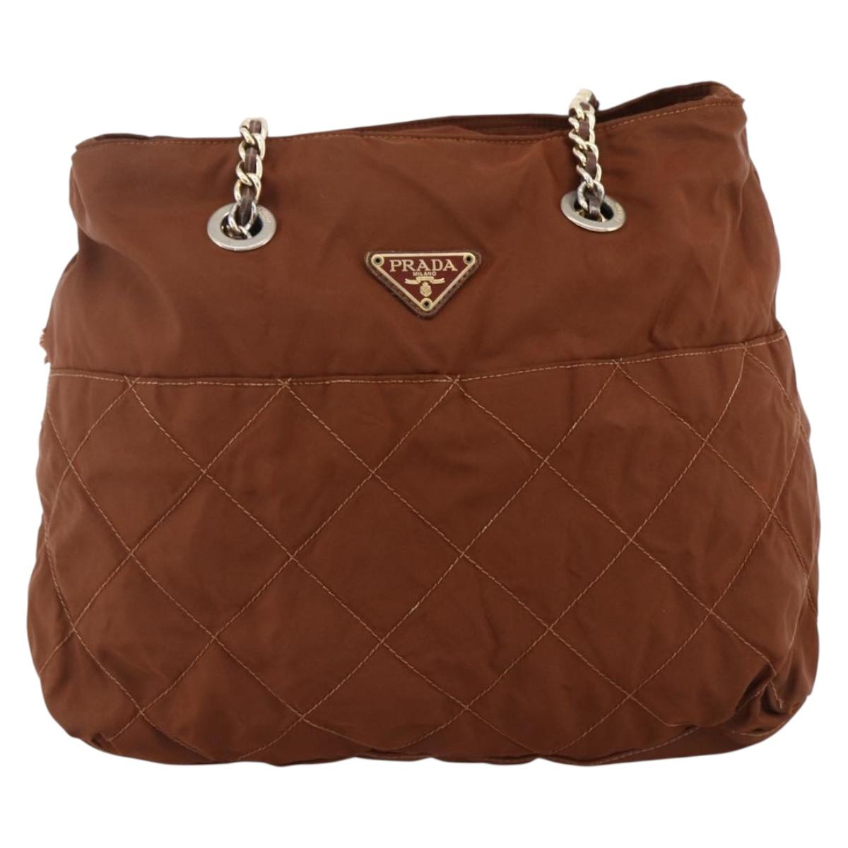 PRADA Chain Shoulder Bag Nylon Brown Gold Auth bs33615