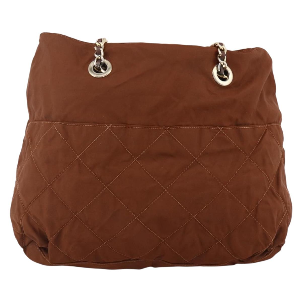 PRADA Chain Shoulder Bag Nylon Brown Gold Auth bs33615