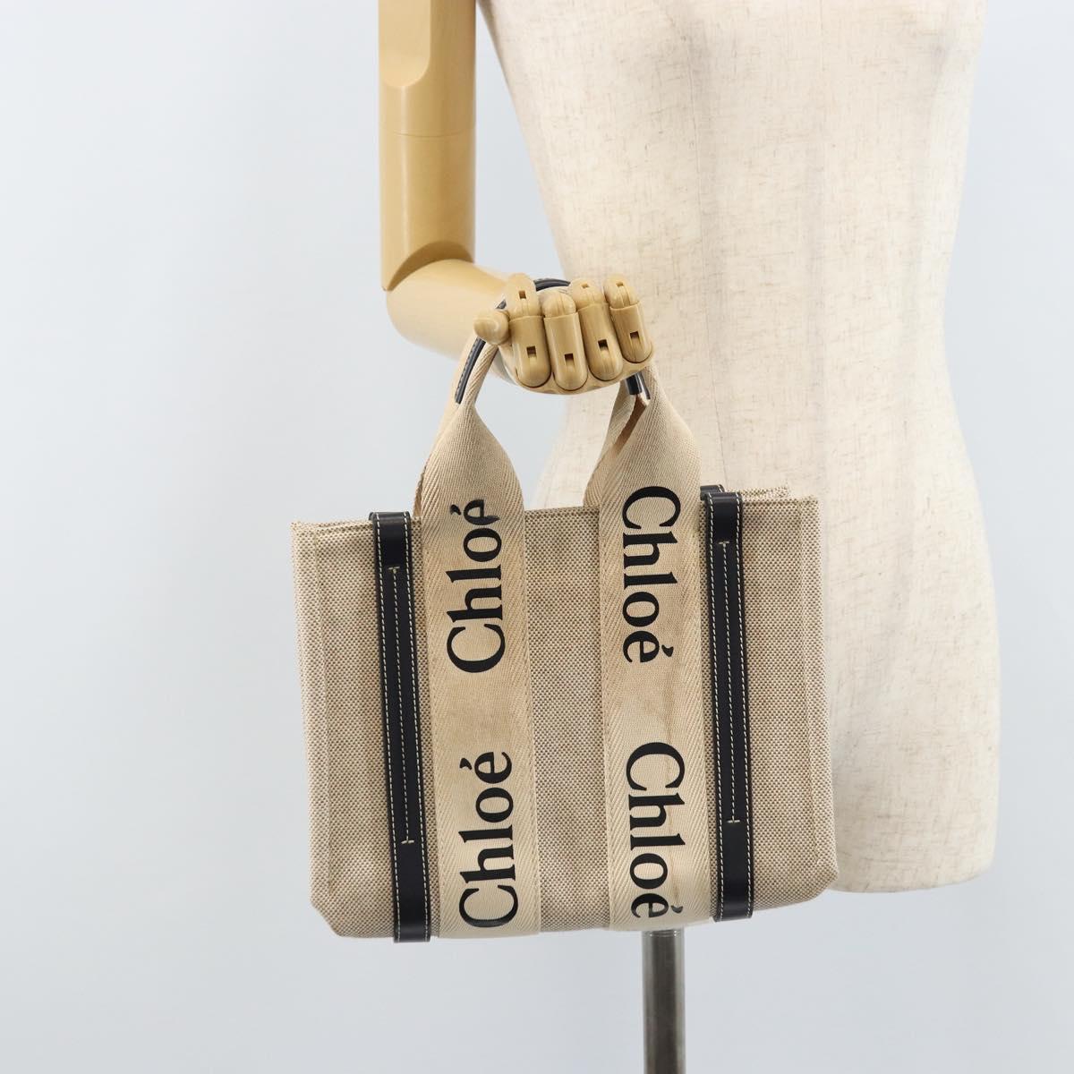 Chloe Woody Mini Hand Bag Canvas Beige Auth bs33627
