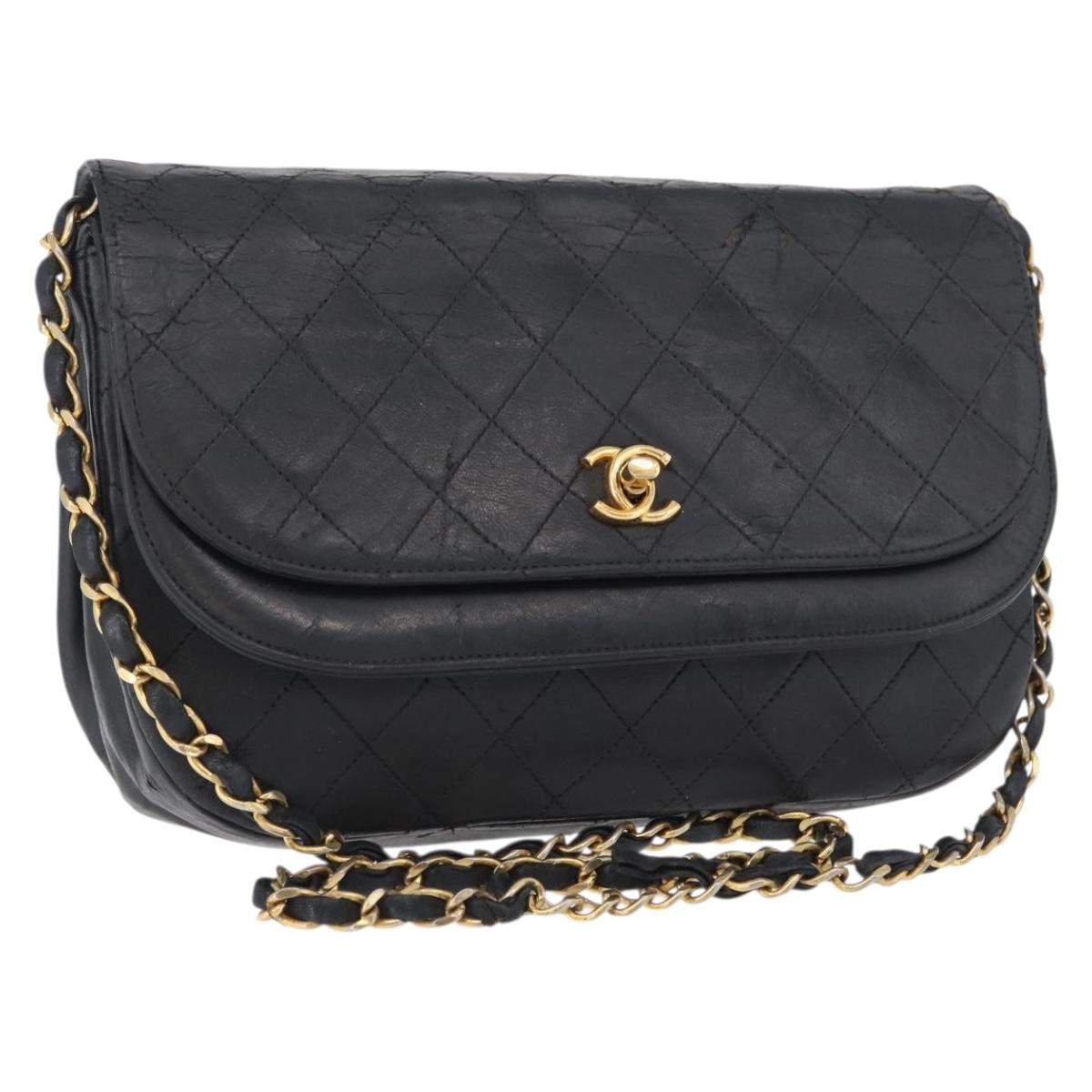 CHANEL Matelasse Chain Shoulder Bag Lamb Skin Black Gold CC Auth bs33642