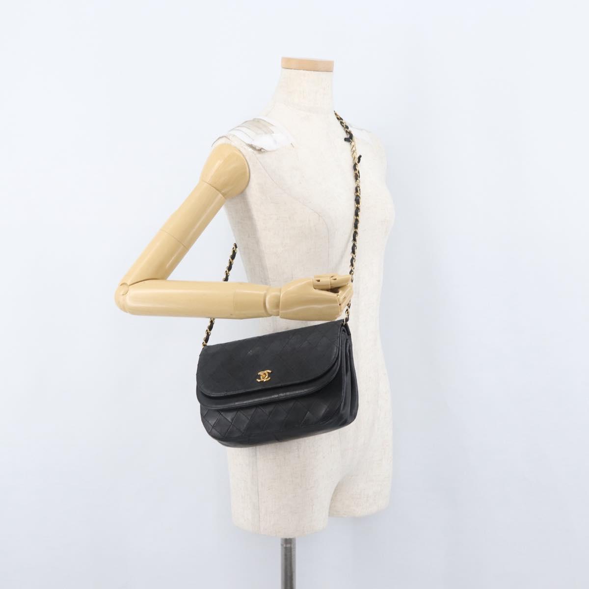CHANEL Matelasse Chain Shoulder Bag Lamb Skin Black Gold CC Auth bs33642