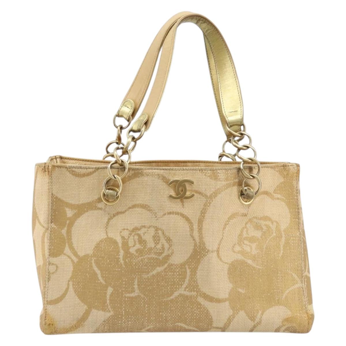 CHANEL Tote Bag Straw Beige Gold CC Auth bs33645
