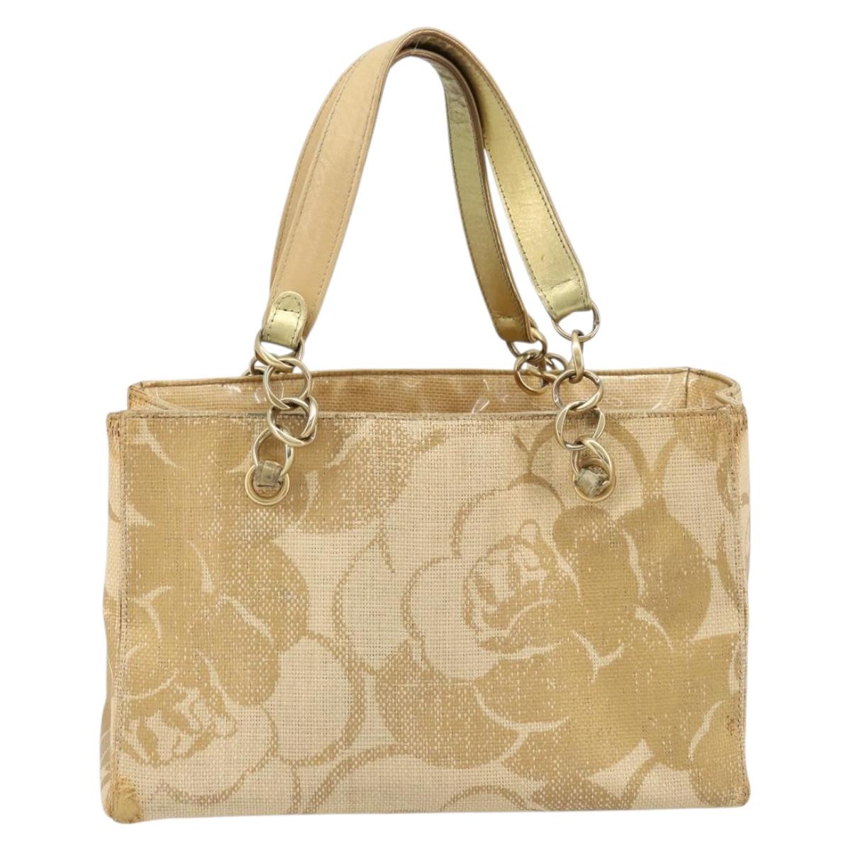 CHANEL Tote Bag Straw Beige Gold CC Auth bs33645