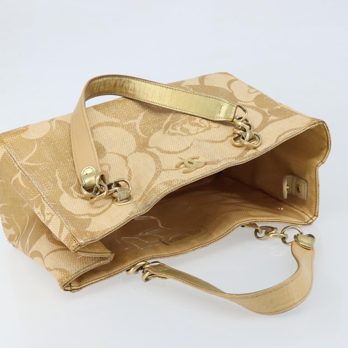 CHANEL Tote Bag Straw Beige Gold CC Auth bs33645