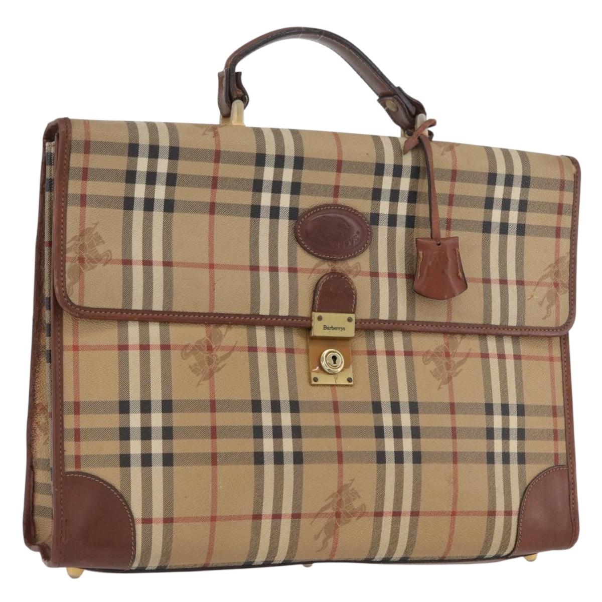 Burberrys Nova Check Hand Bag PVC Beige Gold Auth bs33656