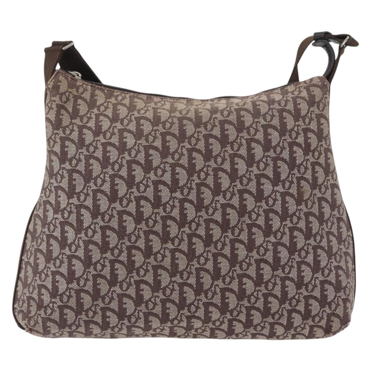Christian Dior Trotter Canvas Shoulder Bag Brown Silver Auth bs33657