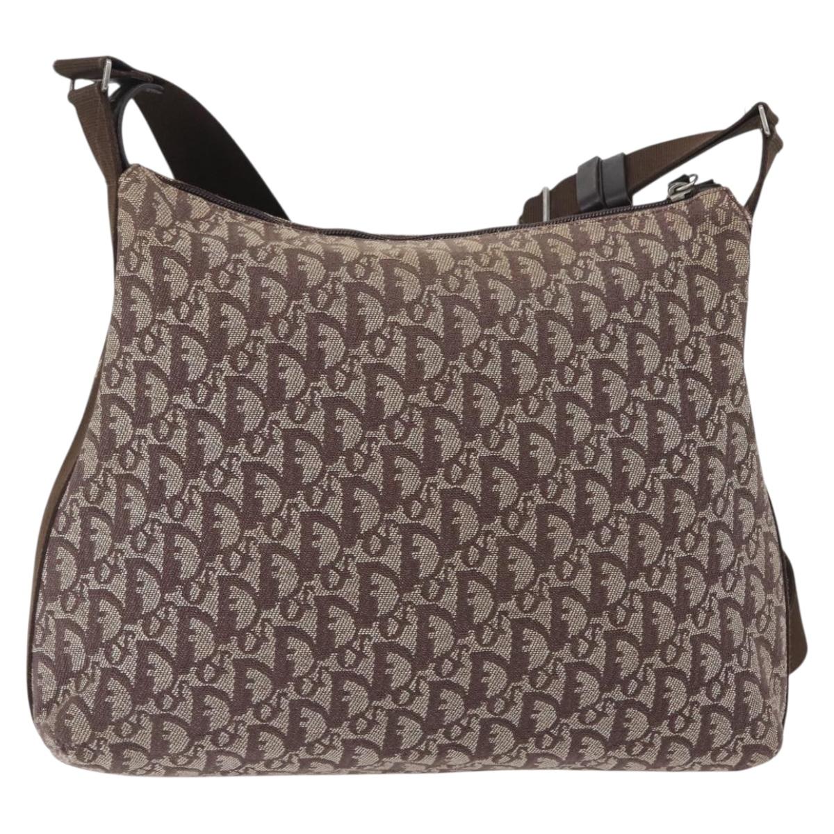 Christian Dior Trotter Canvas Shoulder Bag Brown Silver Auth bs33657