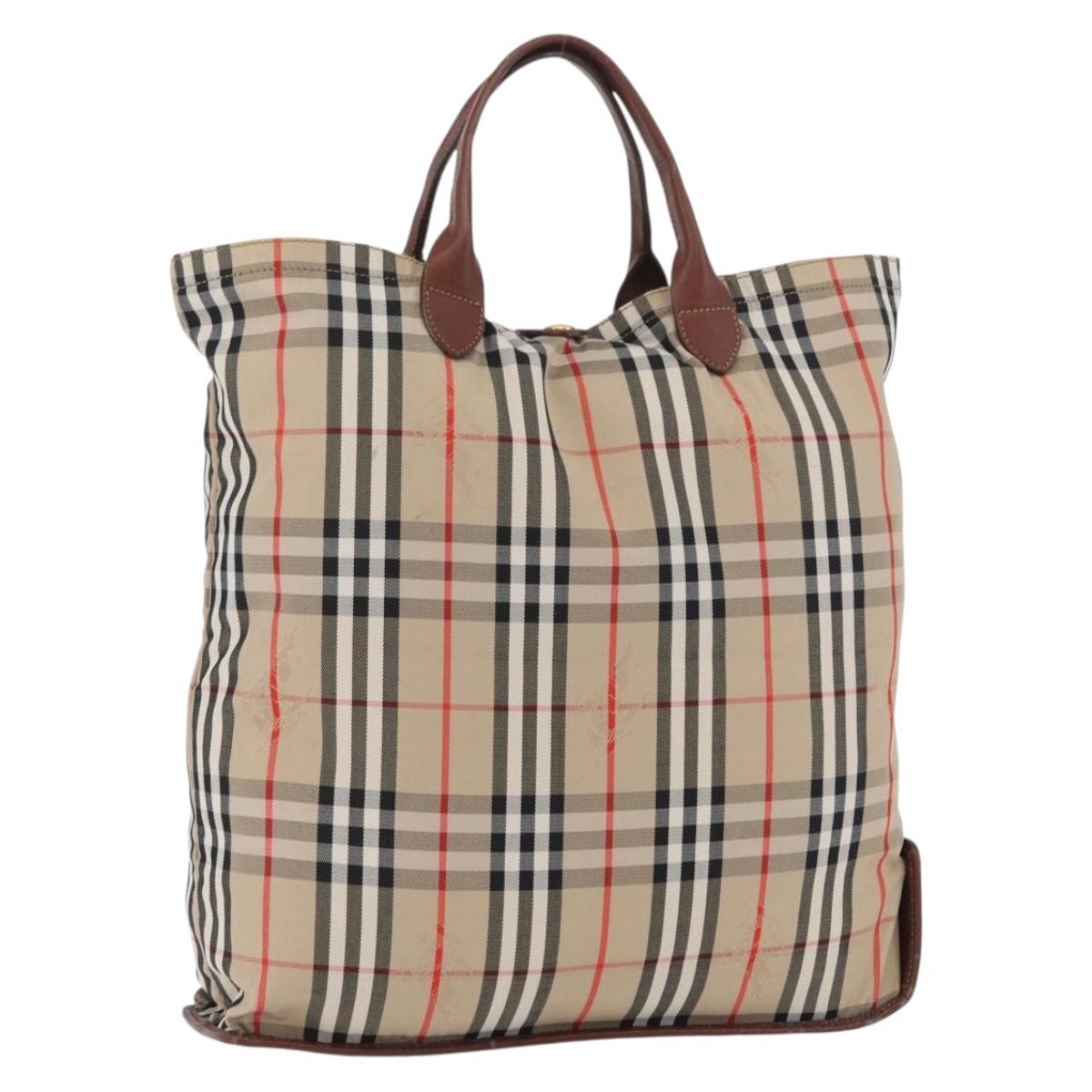 Burberrys Nova Check Hand Bag Nylon Beige Gold Auth bs33673