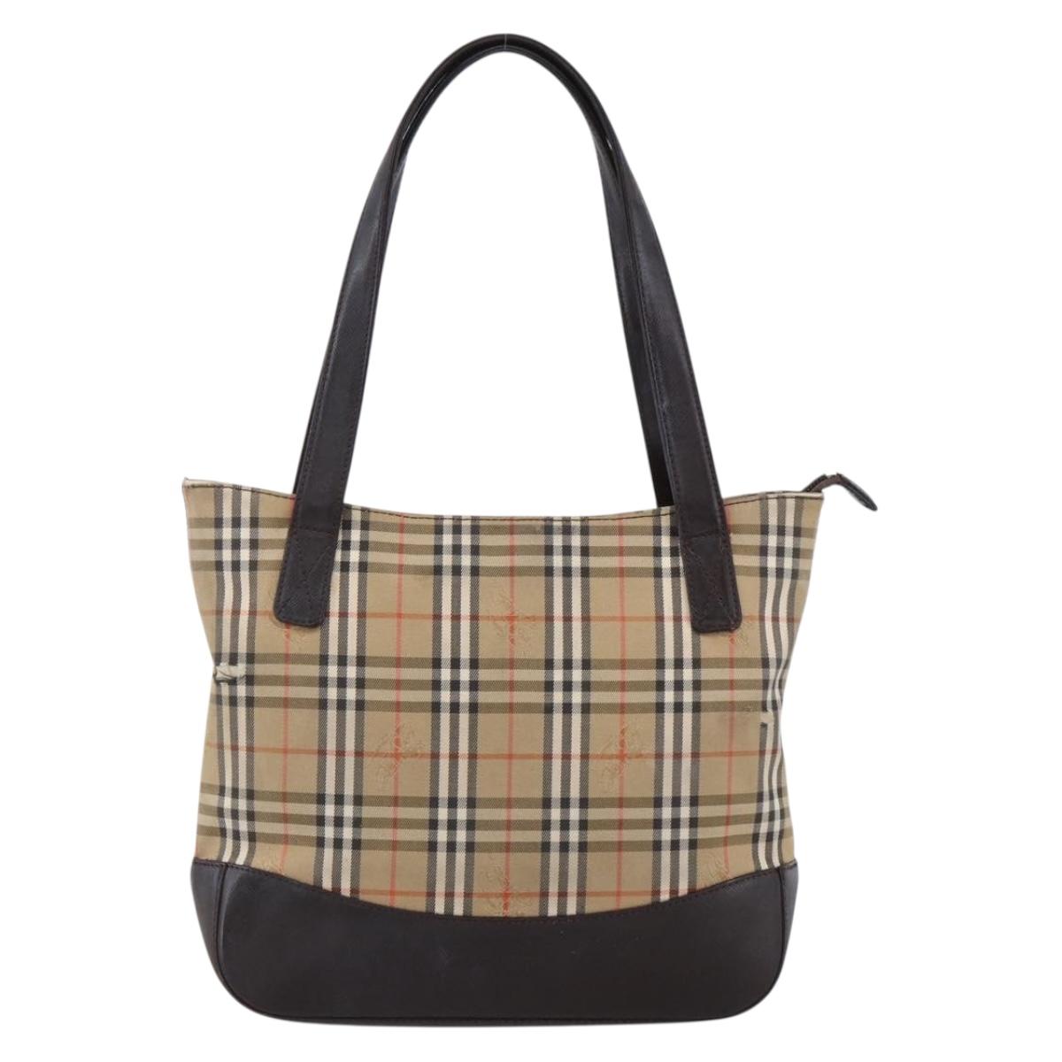 BURBERRY Nova Check Hand Bag Canvas Beige Gold Auth bs33688