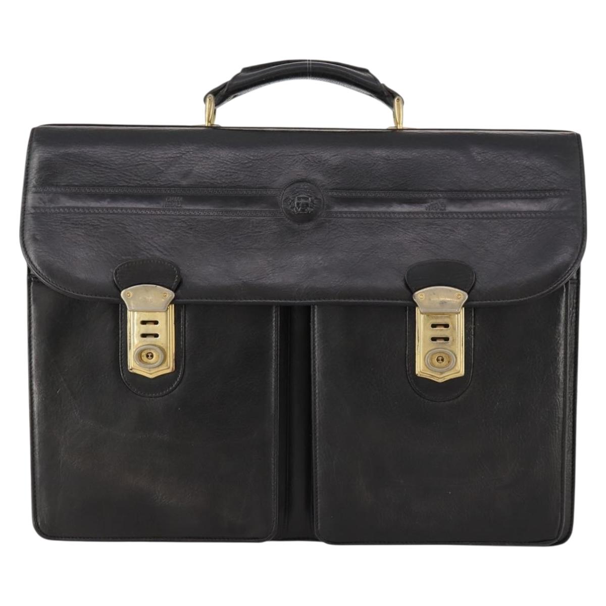 VERSACE Business Bag Leather Black Gold Auth bs33703