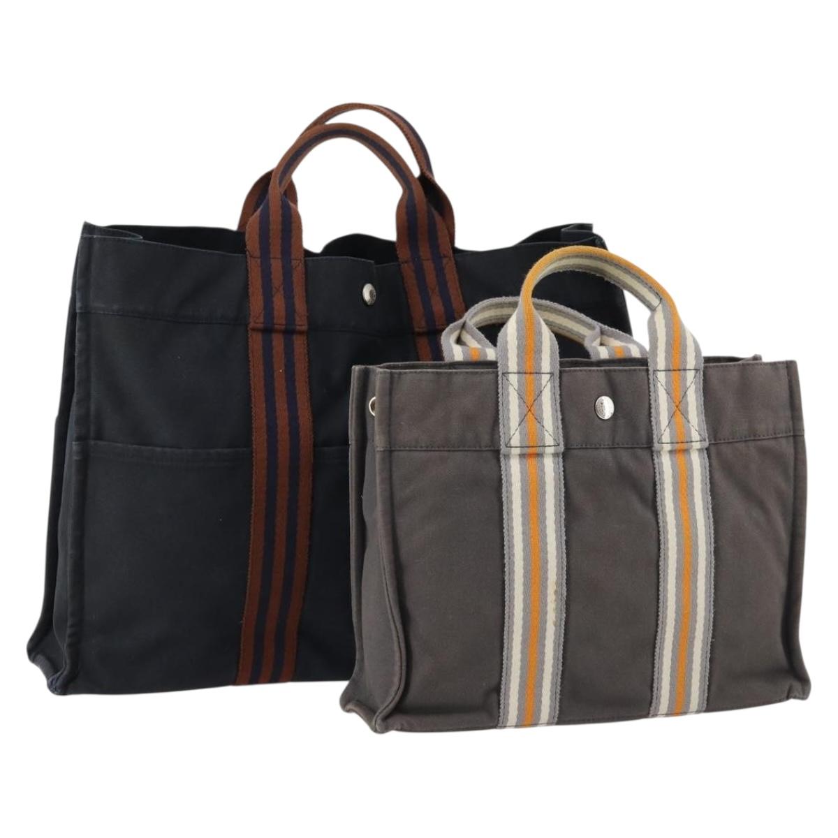HERMES Fourre Tout Hand Bag Canvas 2 Set Gray Navy Auth bs33715
