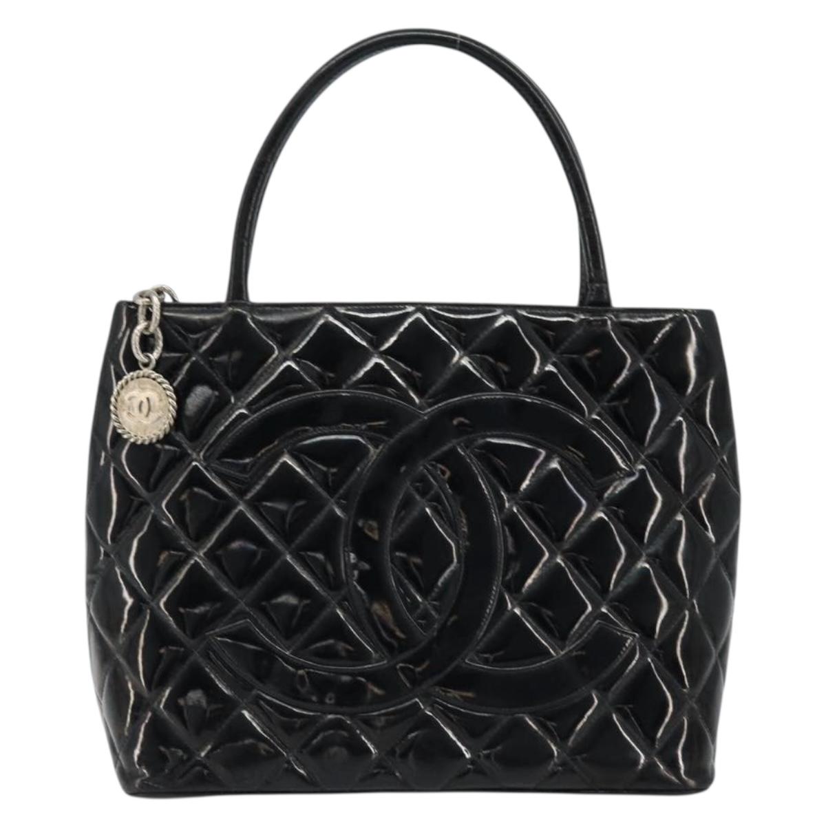 CHANEL Matelasse Reprint Tote Bag Patent leather Black CC Auth bs33721