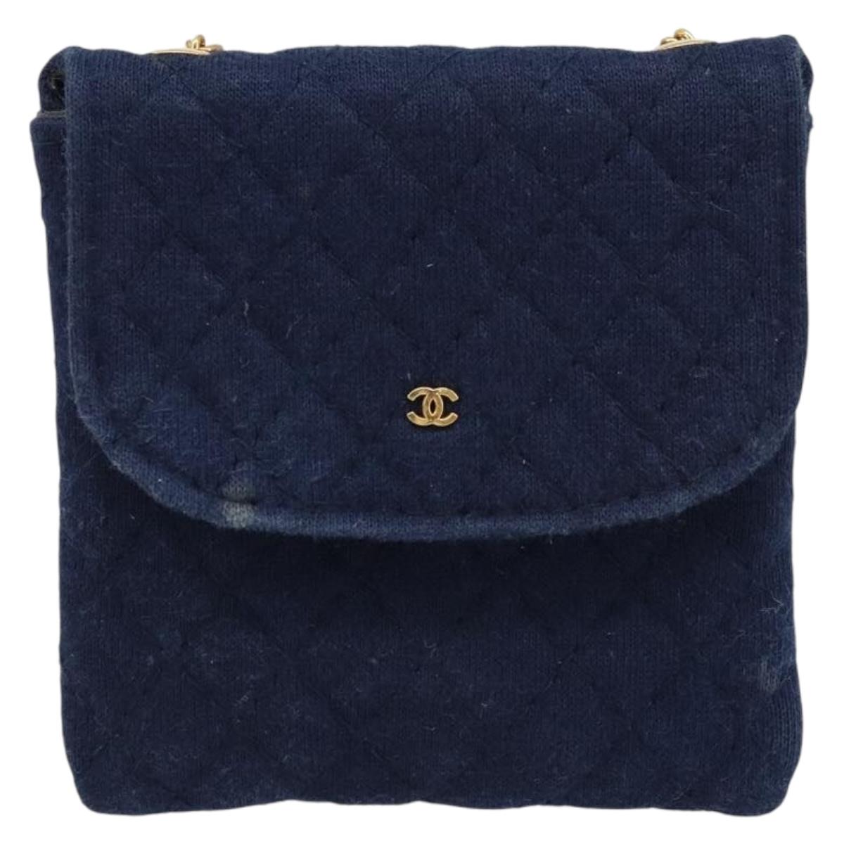 CHANEL Chain Pouch Cotton Navy Gold CC Auth bs33731