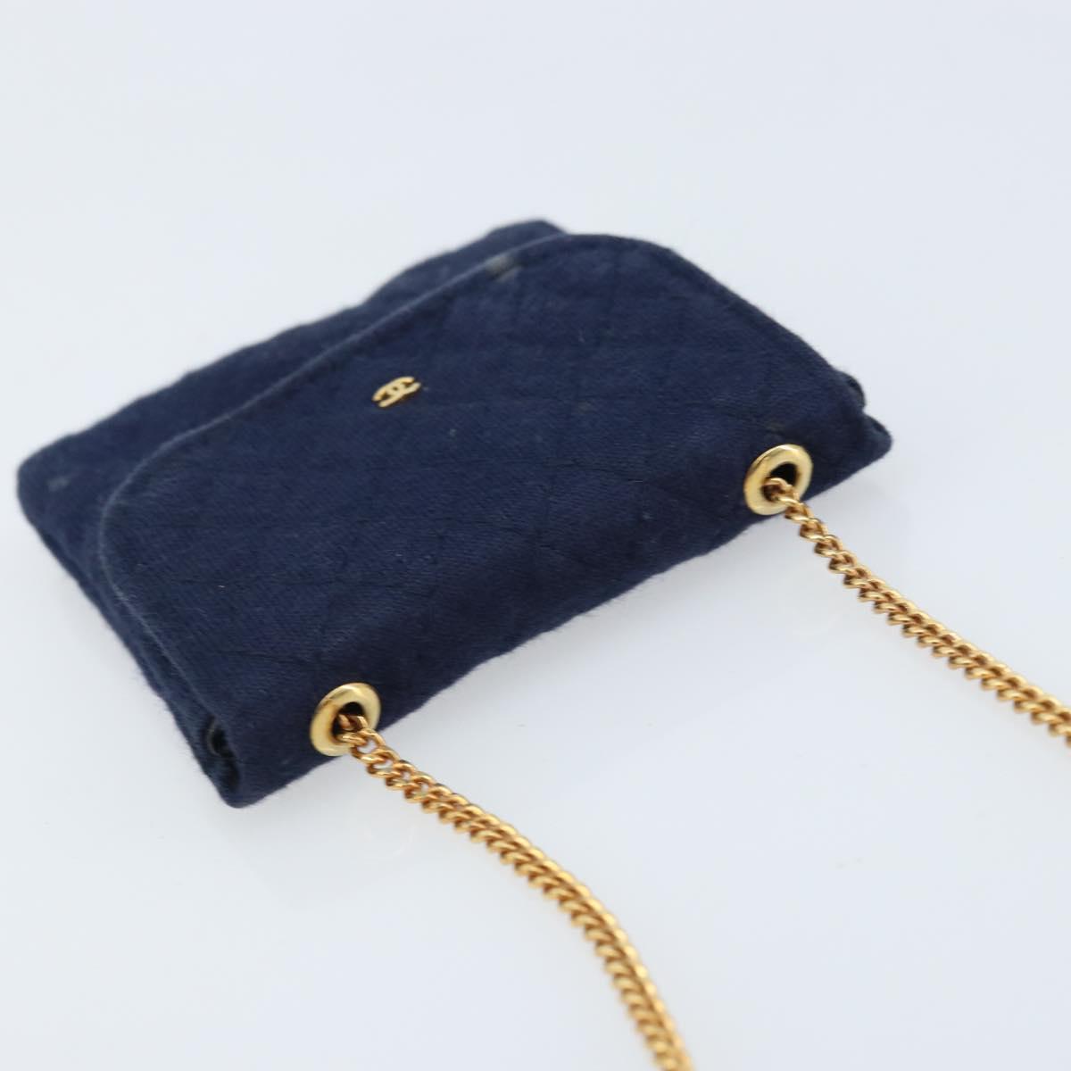 CHANEL Chain Pouch Cotton Navy Gold CC Auth bs33731