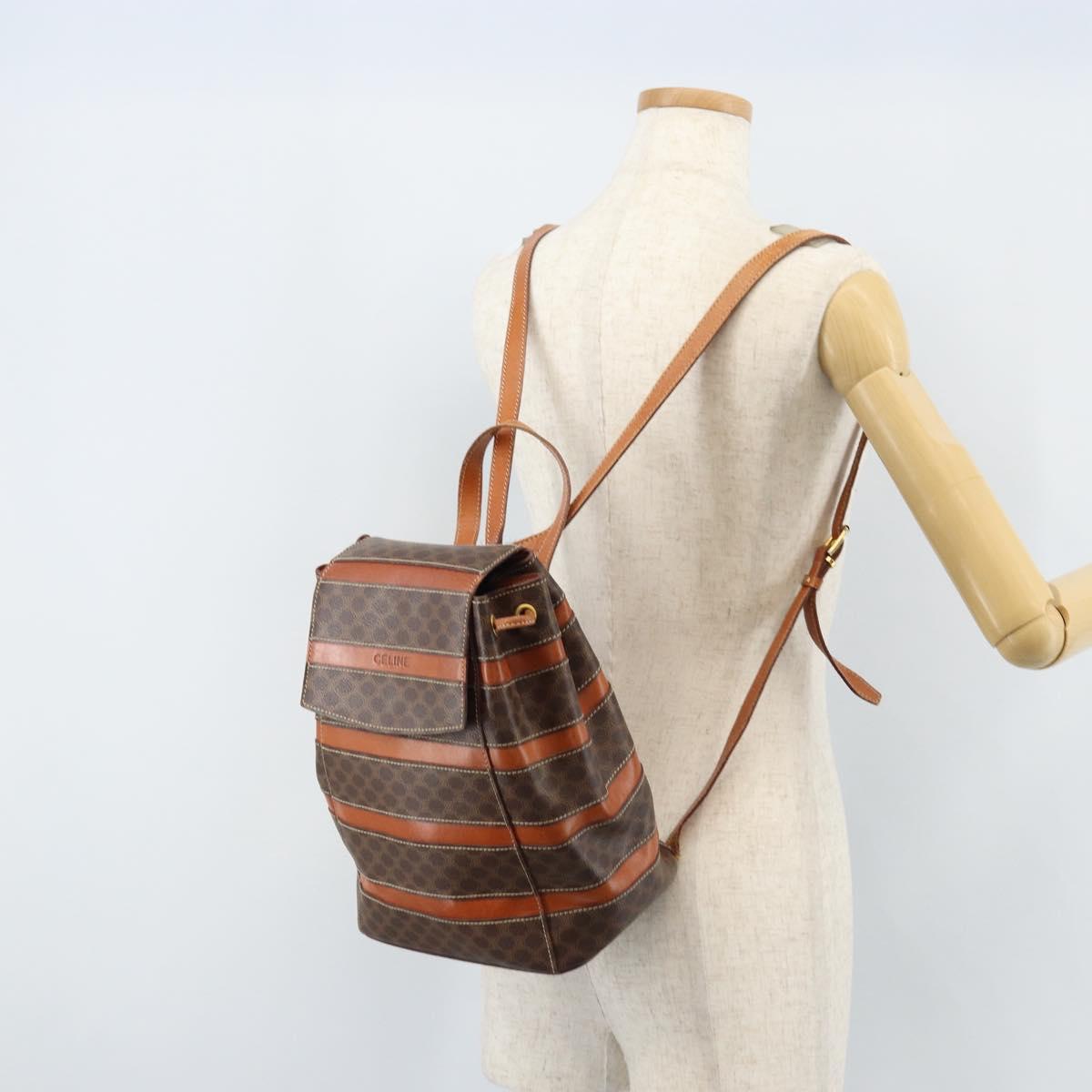 CELINE Macadam Canvas Backpack PVC Leather Brown Gold Auth bs33733