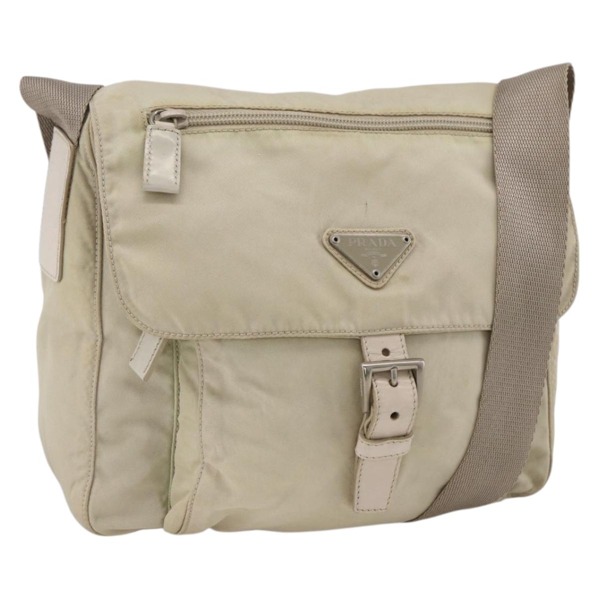 PRADA Shoulder Bag Nylon Beige Silver Auth bs33739