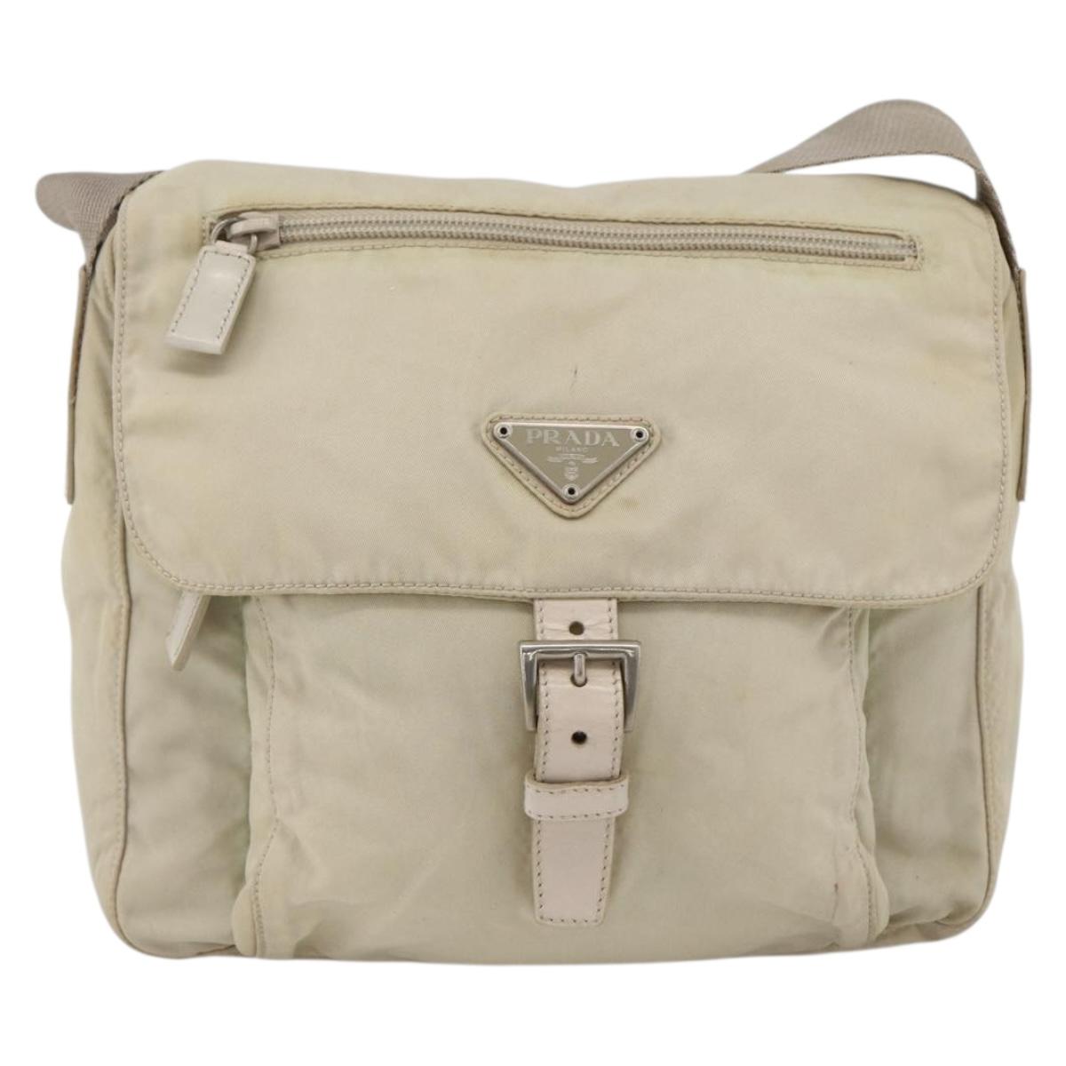 PRADA Shoulder Bag Nylon Beige Silver Auth bs33739