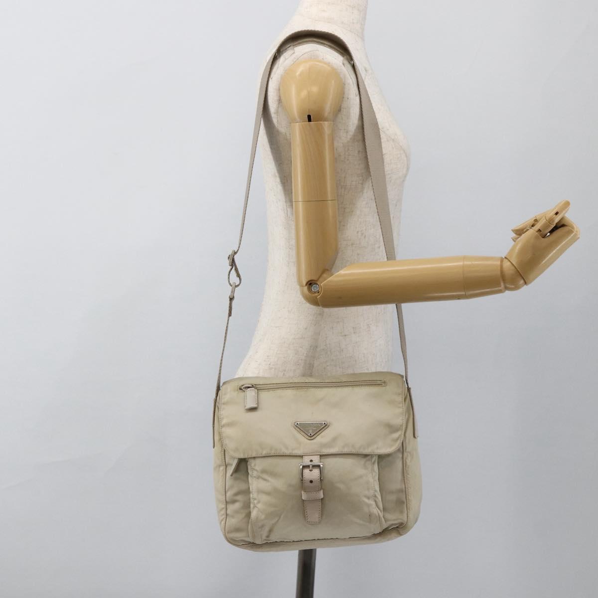 PRADA Shoulder Bag Nylon Beige Silver Auth bs33739