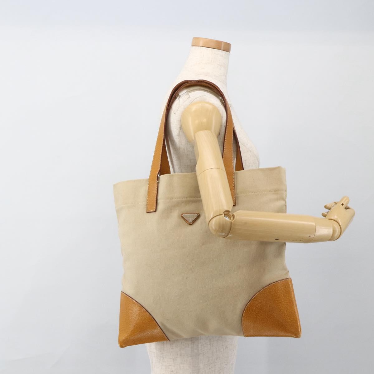 PRADA Tote Bag Canvas Beige Silver Auth bs33740
