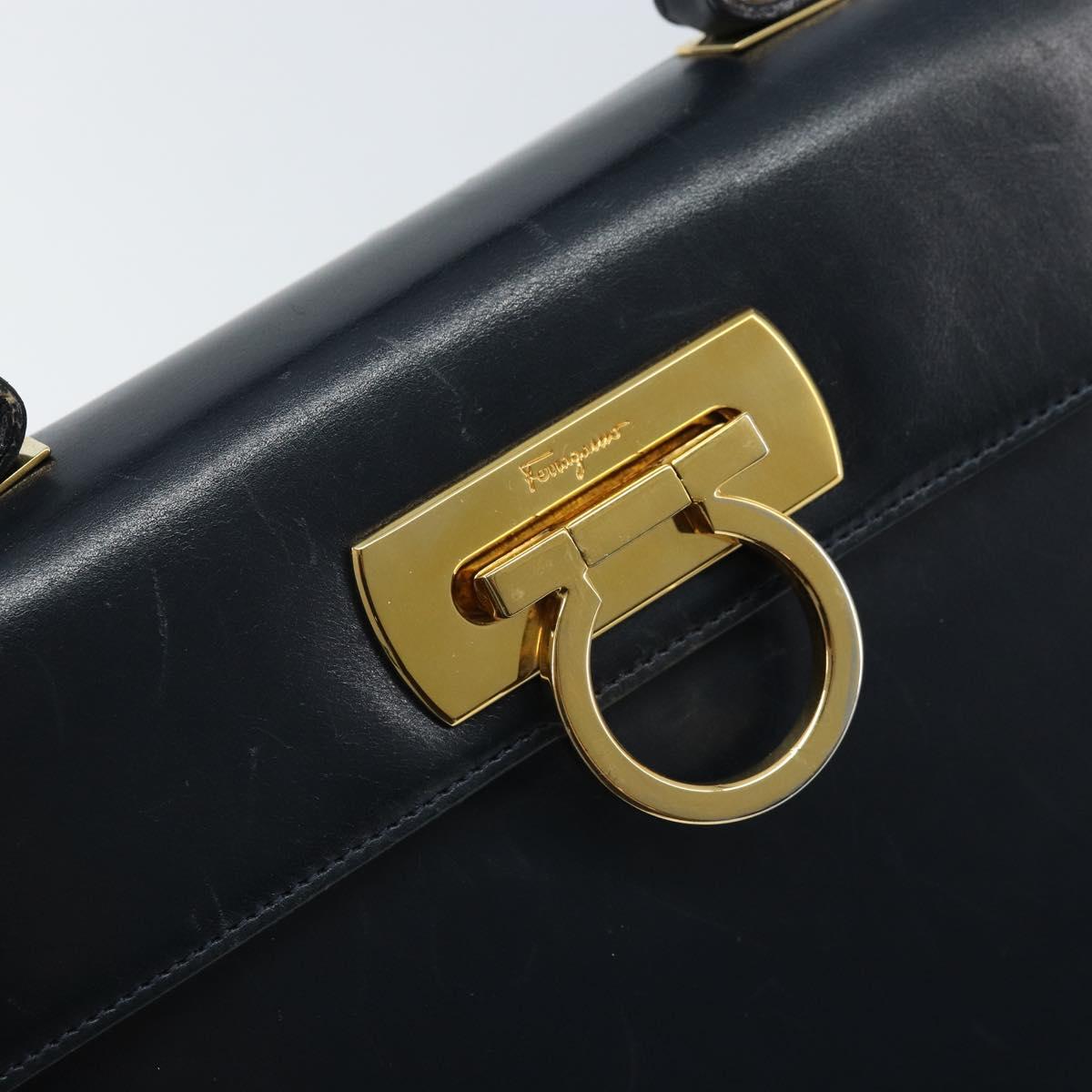 Salvatore Ferragamo Gancini Hand Bag Leather Navy Gold Auth bs33743