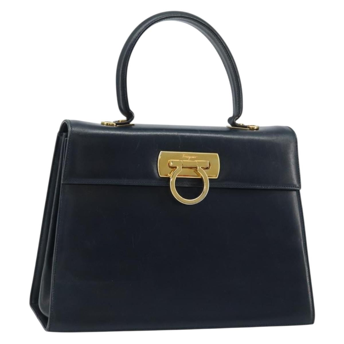 Salvatore Ferragamo Gancini Hand Bag Leather Navy Gold Auth bs33743
