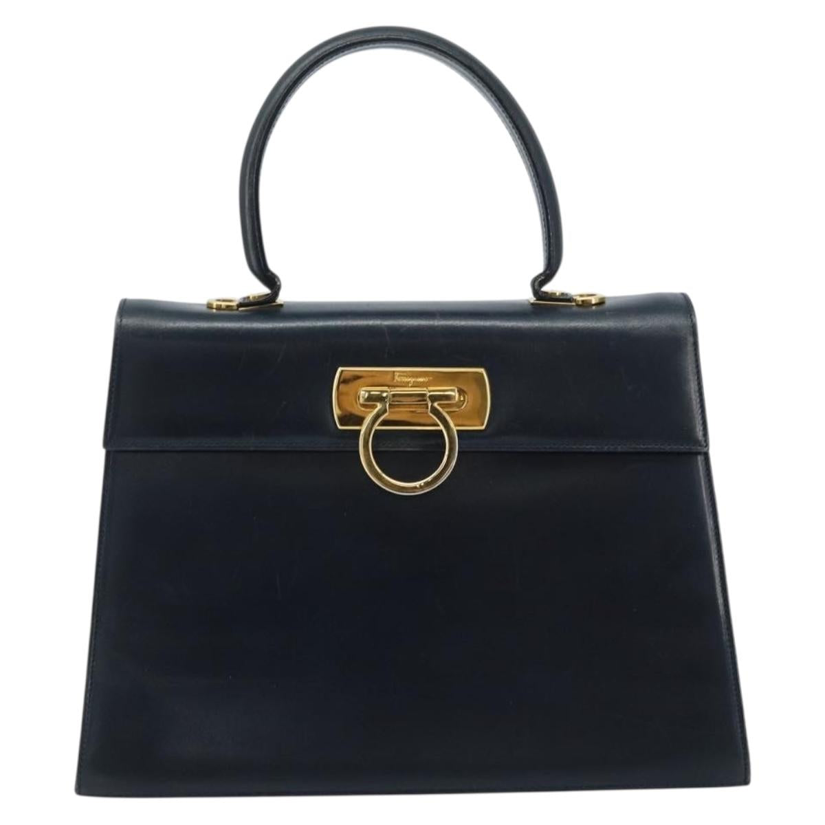 Salvatore Ferragamo Gancini Hand Bag Leather Navy Gold Auth bs33743