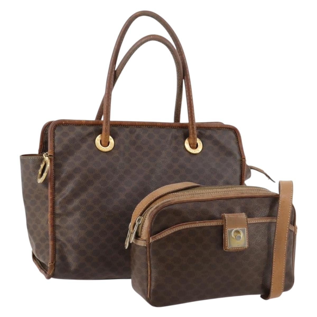 CELINE Macadam Canvas Shoulder Bag PVC Leather 2 Set Brown Auth bs33753