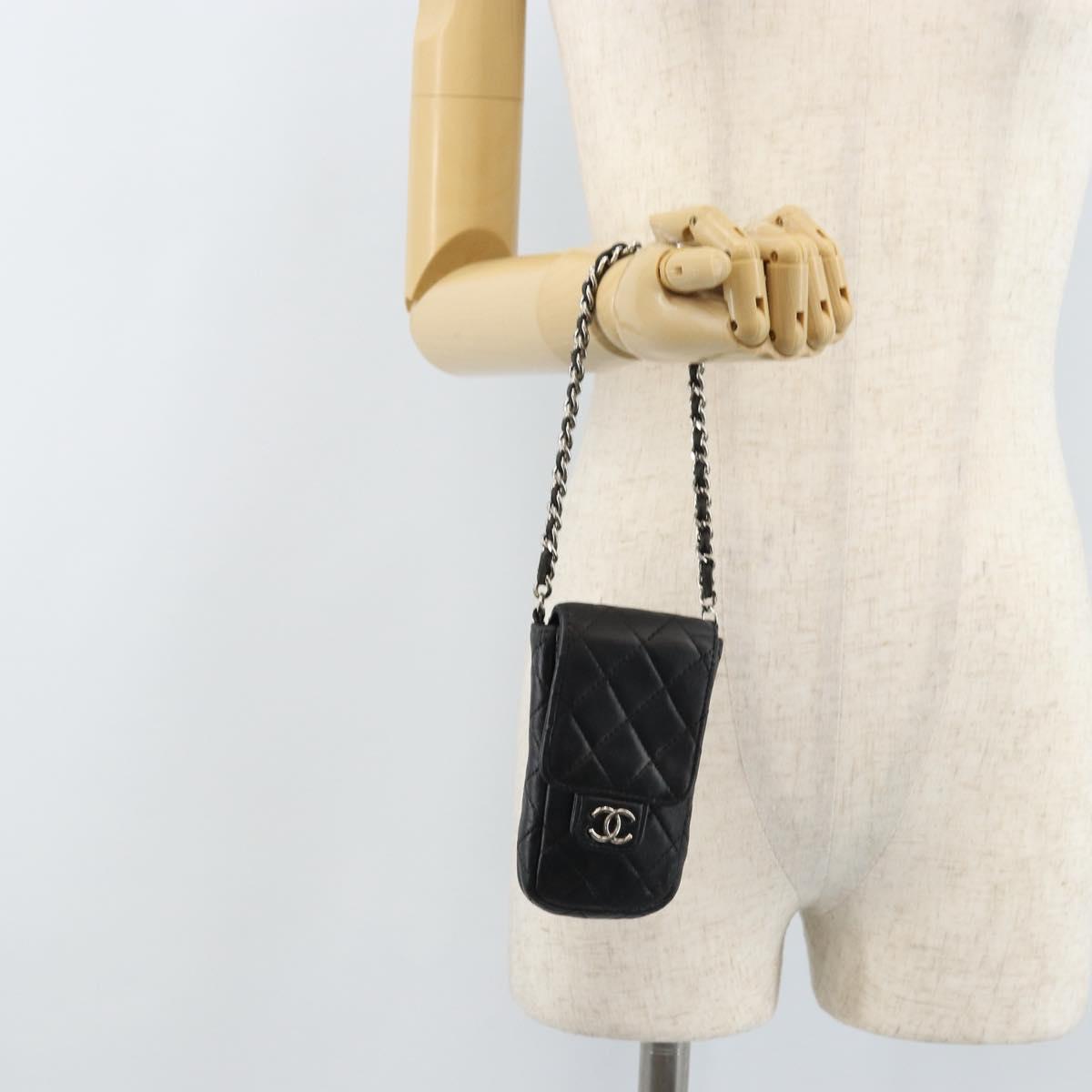 CHANEL Matelasse Pouch Lamb Skin Black Silver CC Auth bs33759