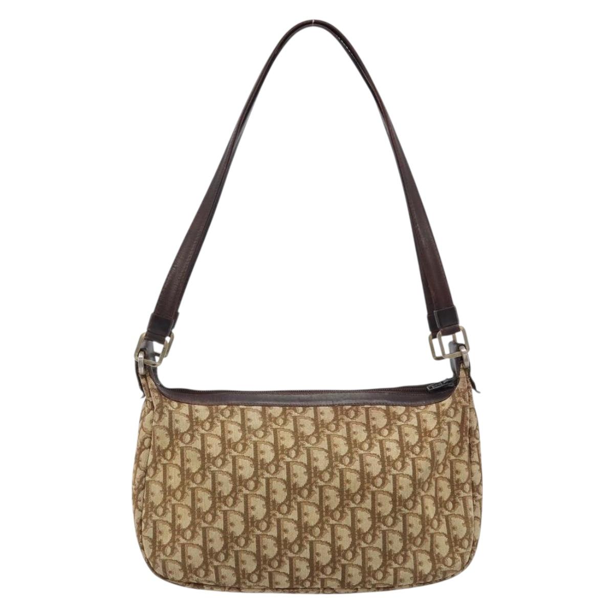 Christian Dior Trotter Canvas Shoulder Bag Beige Gold Auth bs33761
