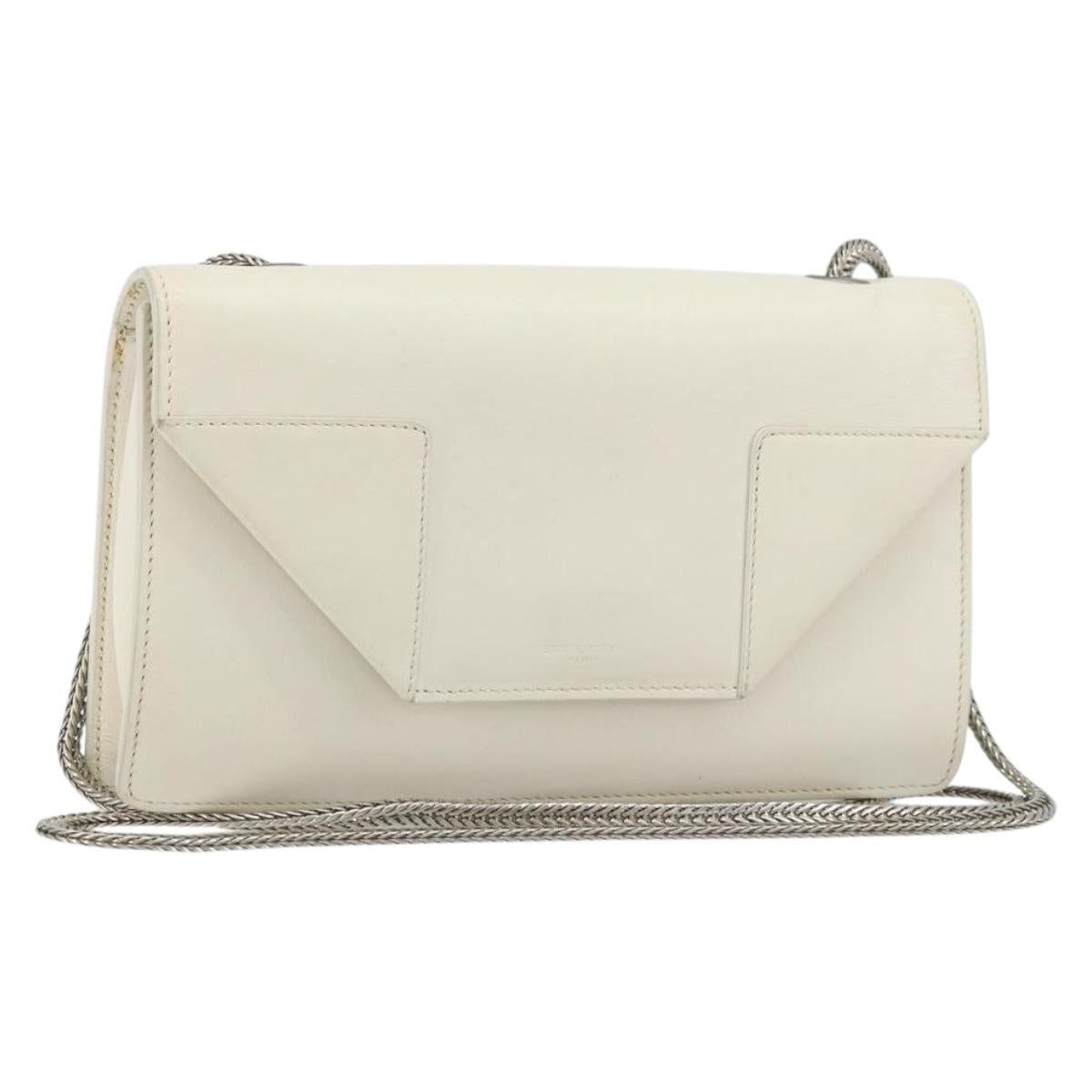 SAINT LAURENT Chain Shoulder Bag Leather White Silver Auth bs33774