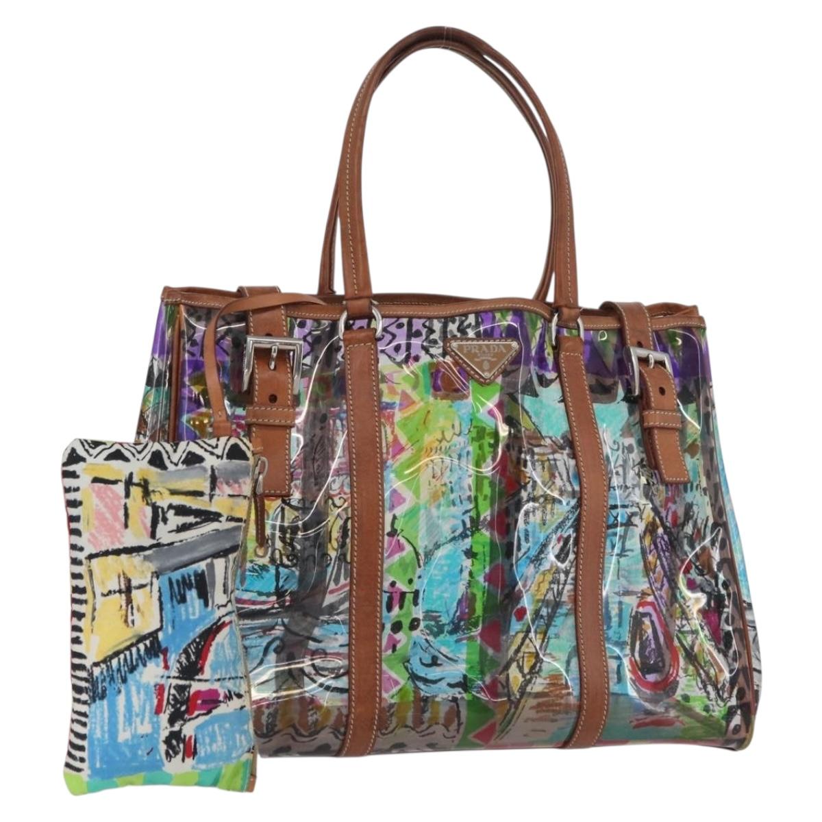 PRADA Tote Bag Vinyl Multicolor Silver Auth bs33781