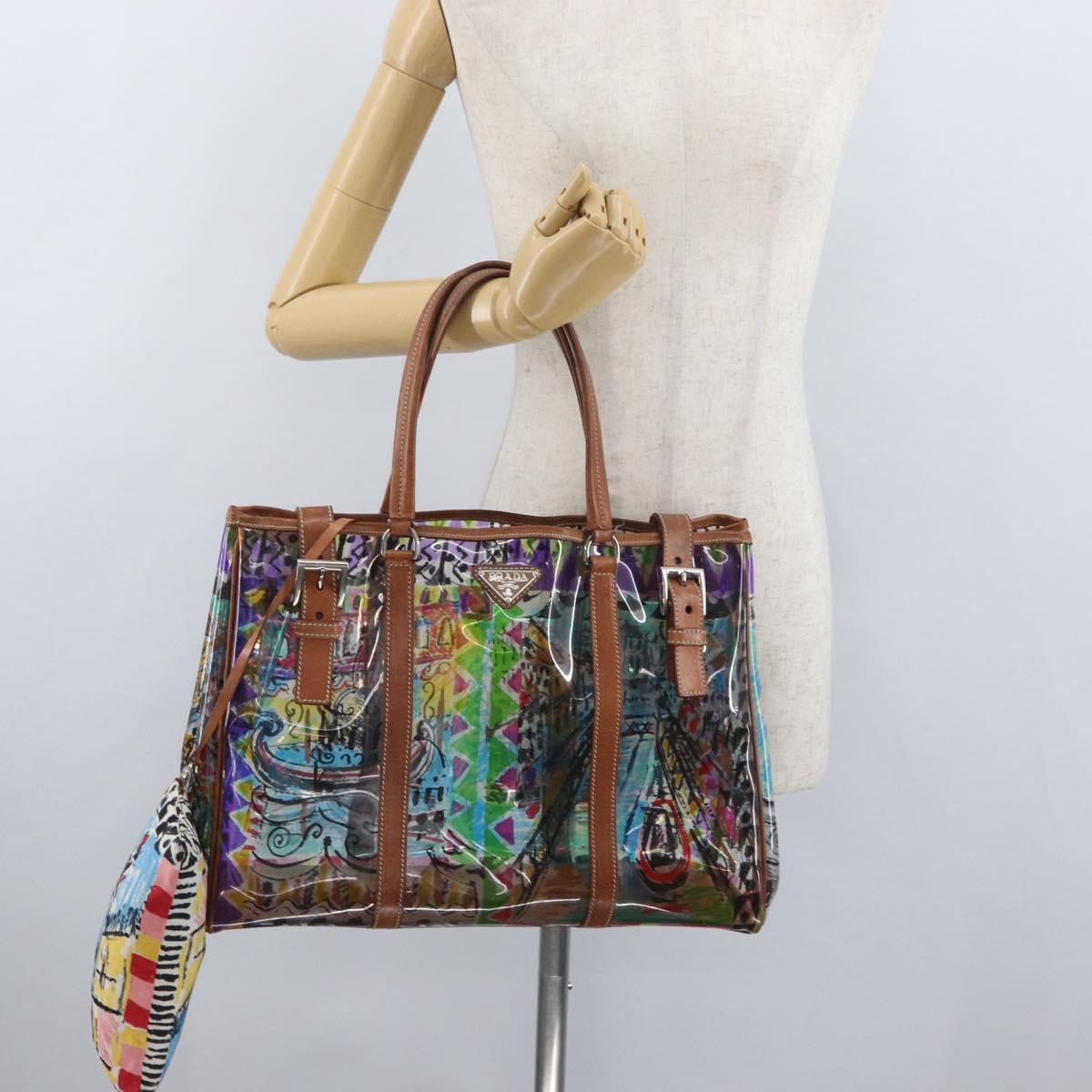 PRADA Tote Bag Vinyl Multicolor Silver Auth bs33781