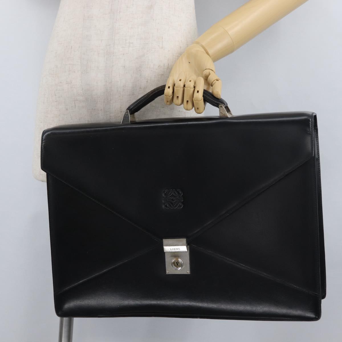 LOEWE Anagram Business Bag Leather Black Silver Auth bs33809