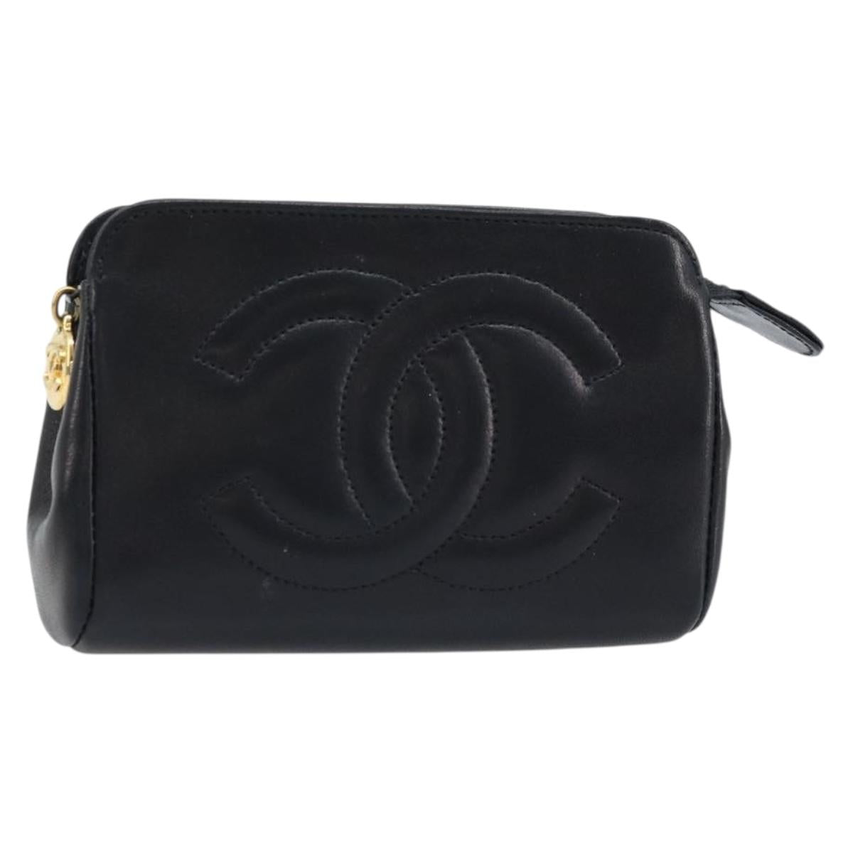CHANEL Pouch Lamb Skin Black Gold CC Auth bs33811