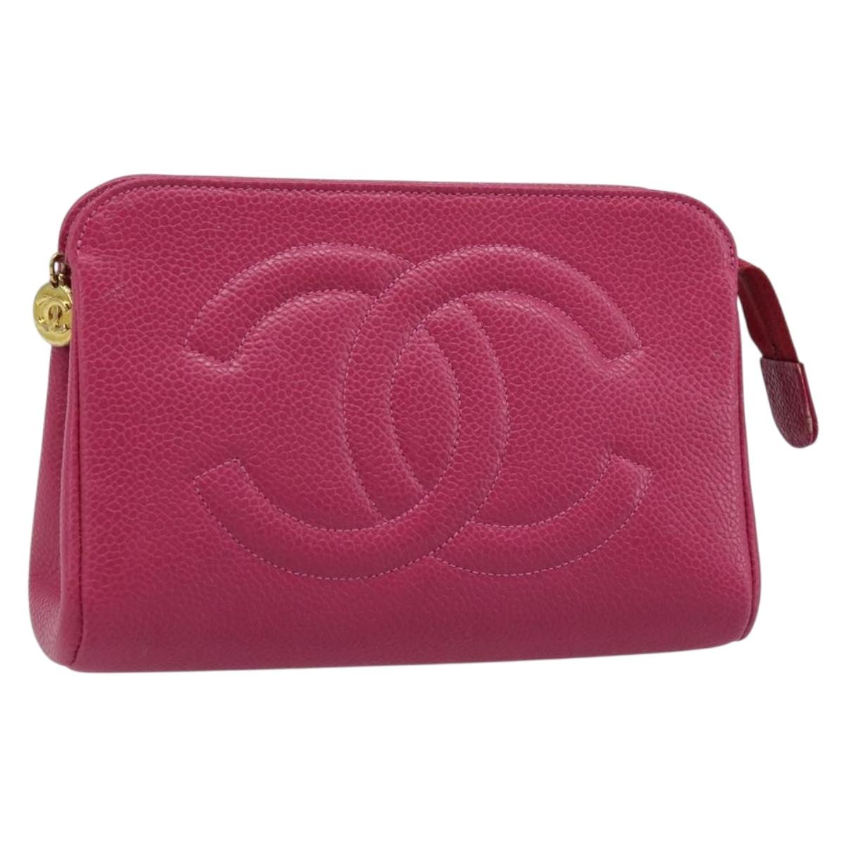 CHANEL COCO Mark Pouch Caviar Skin Pink Gold CC Auth bs33812
