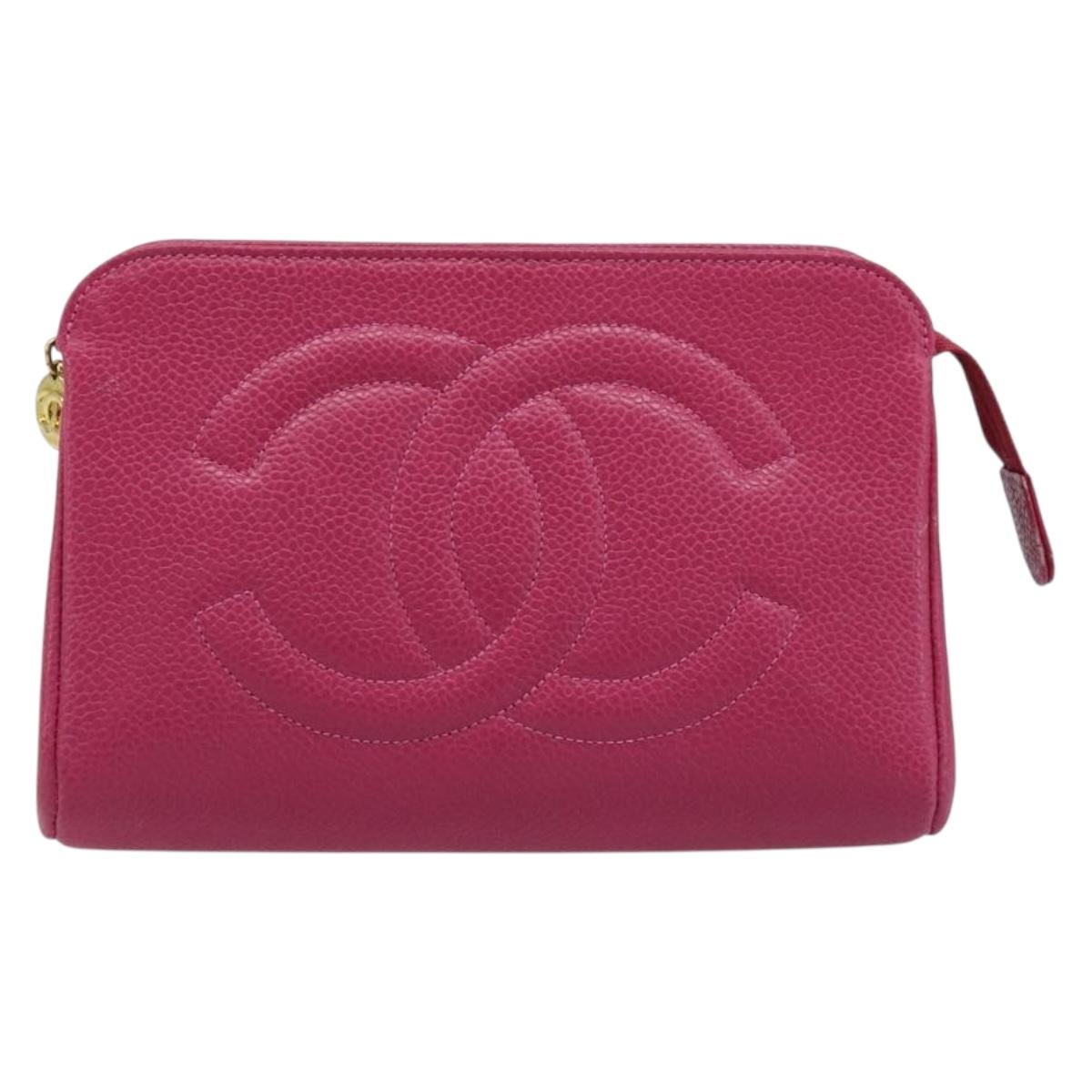 CHANEL COCO Mark Pouch Caviar Skin Pink Gold CC Auth bs33812